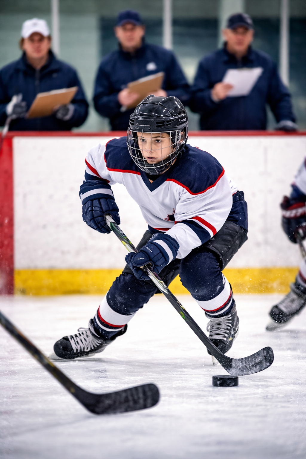 Kid at hockey tryout skating with puck